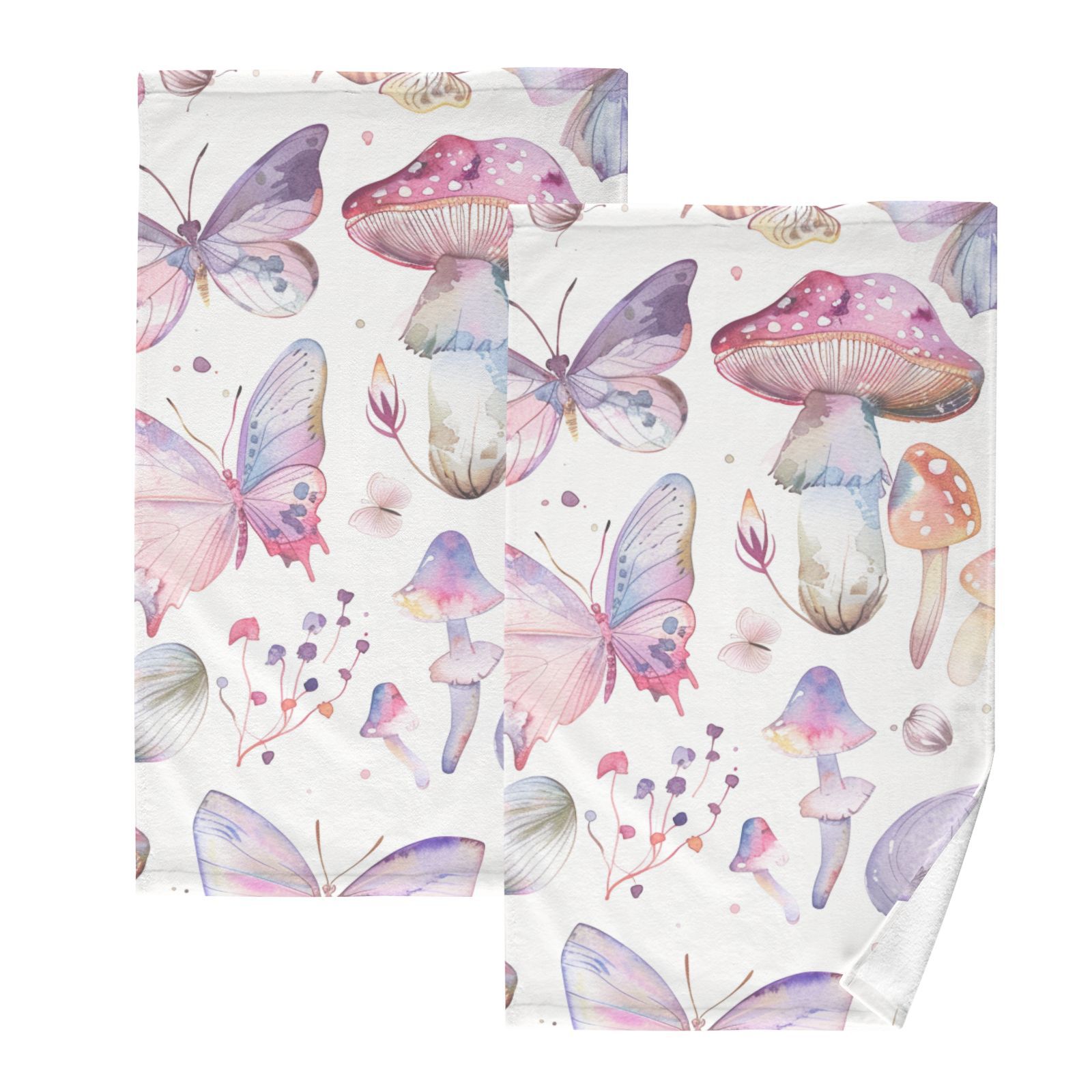 Watercolor Butterflies Mushrooms Hand Towels Cotton Bath Towels Large Face Towels Absorbent for Bathroom 2 Packs