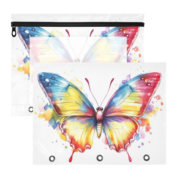 Watercolor Butterfly 3-Ring Binder Pouches A4 Size Zipper Pocket File Storage 2 Packs