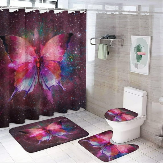 Watercolor Butterfly 4 Piece Shower Curtain Sets, Non-Slip Rugs, Toilet Lid Cover and Bath Mat, Durable and Waterproof, for Bathroom Decor Set One Size