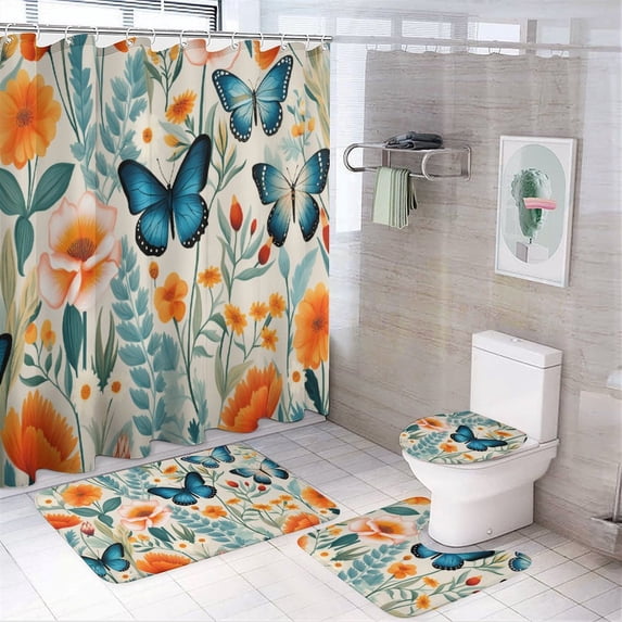 Watercolor Butterfly 4 Piece Shower Curtain Sets, with Non-Slip Rugs, Toilet Lid Cover And Bath Mat, for Bathroom Decor Set
