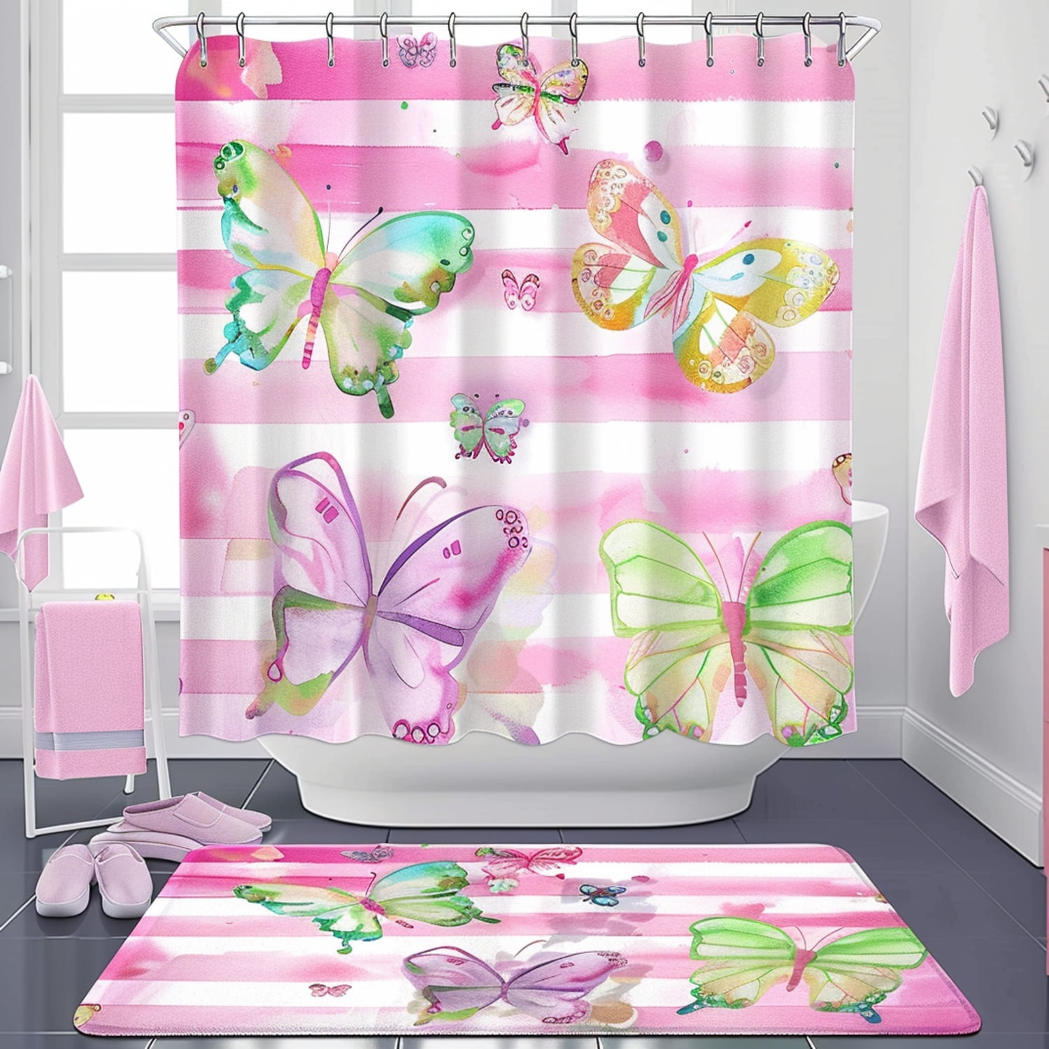 Watercolor Butterfly Bathroom Accessories Set with Pink Striped Curtain