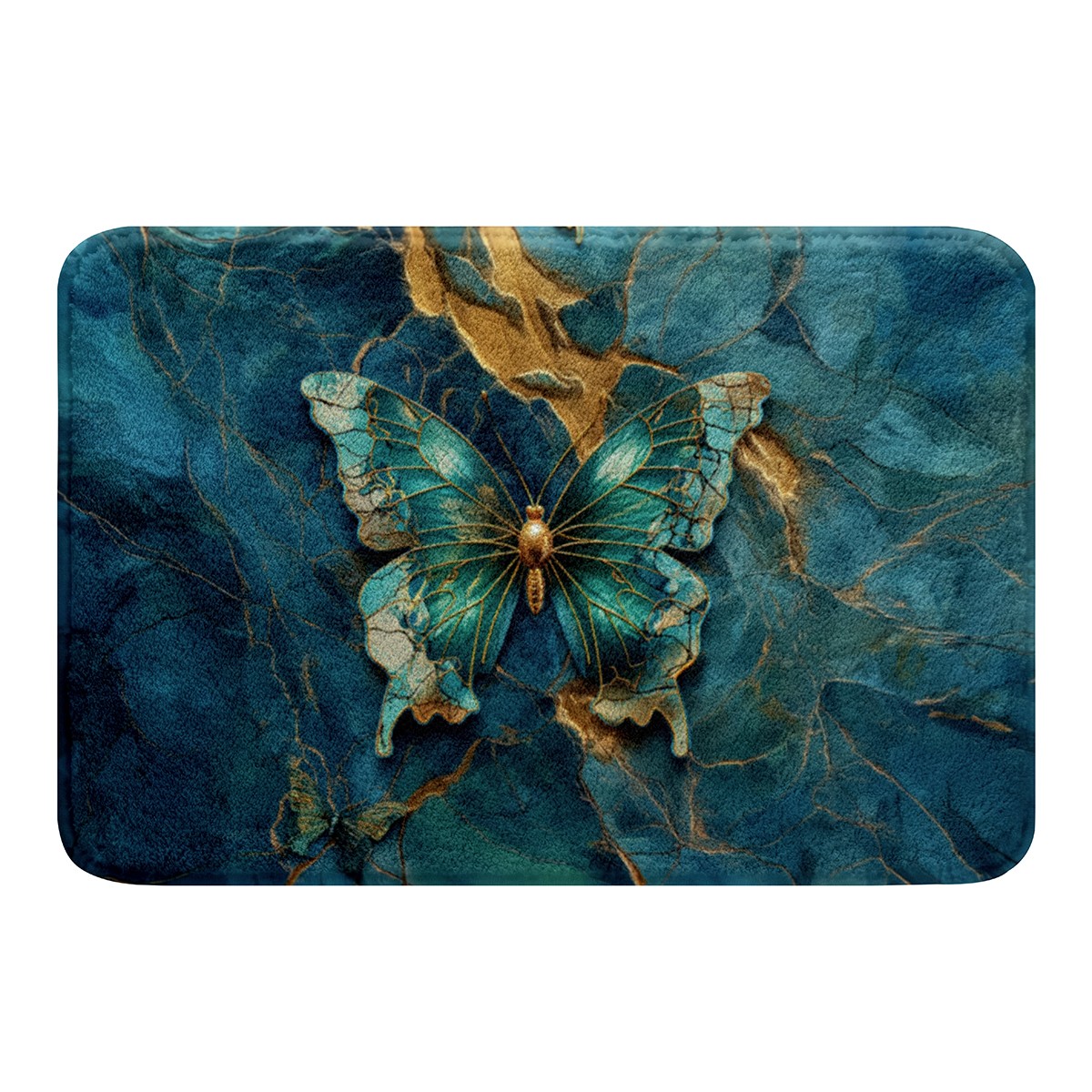 Watercolor Butterfly Bathroom Rug Set,Gold Teal Gradient Marble Bath Mat for Kids Adults,Modern ...