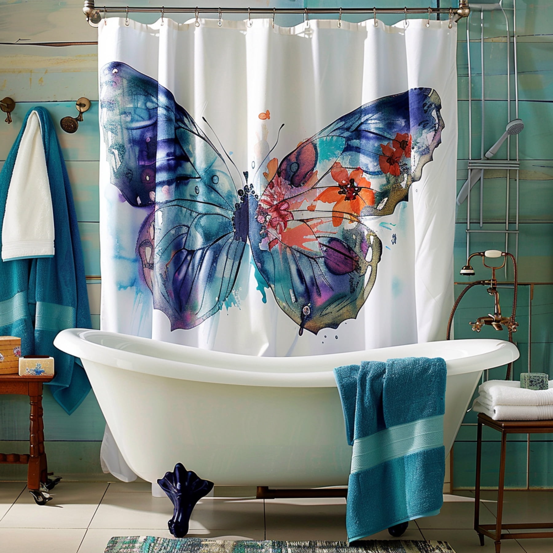 Watercolor Butterfly Design Shower Curtain for Clawfoot Tub Bathroom