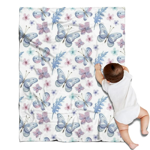 Watercolor Butterfly Flower Leaf White Pattern Blanket,Comfortable Soft Flannel Throw Blanket,All Season,Warm Lightweight Blankets for Sofa Bed Couch Living Room Chair,30"x40"