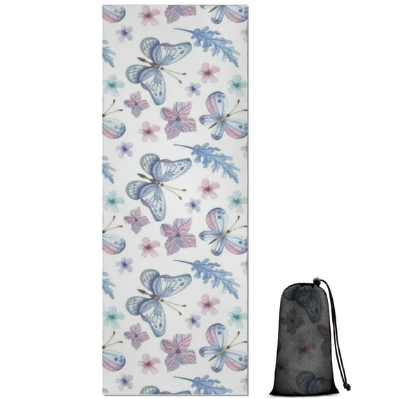 Watercolor Butterfly Flower Leaf White Pattern Hot Yoga Mat Towel Non Slip for Hot Yoga - Quick-Drying Yoga Mat Cover with 4 Corner Pockets with Travel Bag - Hot Yoga Towel Non Slip 70"x26"
