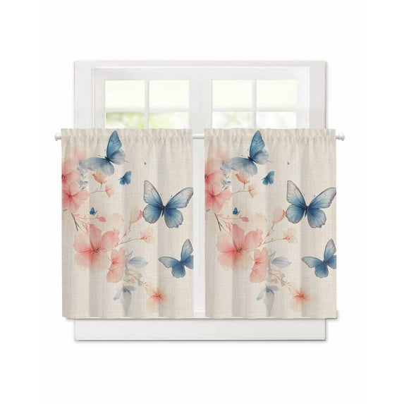 Watercolor Butterfly Flower Short Blackout Curtains 45 Inch Long Spring Floral Nature Retro Rod Pocket Kitchen Curtains, 2 Panels Thermal Insulated Room Darkening Drapes for Bedroom, 30"W x 45"L