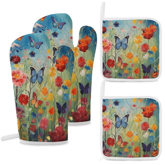 Watercolor Butterfly Heat Resistant Microwave Oven Gloves Set for BBQ Baking Grilling,Baking Gifts Cooks for Women,Housewarming Gifts for New Home