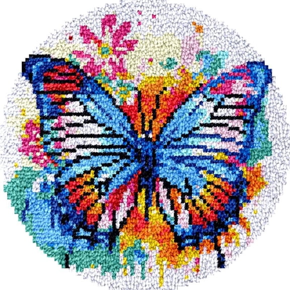 Watercolor Butterfly Latch Hook Round Rug Kits Set for Starter Crochet Hook Cushion Floor Mat Sofa Seat Cushion Crocheting Kits with Preprinted Canvas Crochet Yarn Rug Kits 50X50cm (y75)