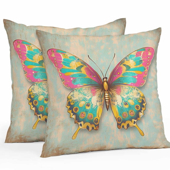 Watercolor Butterfly Outdoor Pillow Covers Pack of 2 Corlorful Vintage Texture Waterproof Throw Pillow Covers Decorative Cushion Cases for Patio Garden Tent Balcony Couch 24x24 inch