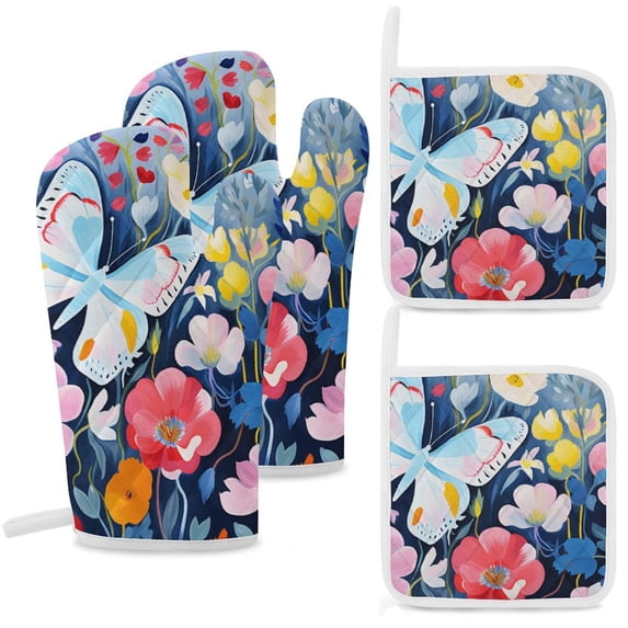 Watercolor Butterfly Oven Mitt And Pot Holder Set Oven Glove for Kitchen Baking Cooking Grilling