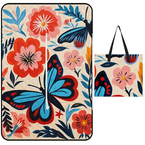 Watercolor Butterfly Picnic Blanket Waterproof Outdoor Beach Blanket Hand-held Pad Suitable for Travel, Camping, Beach, Family Gatherings