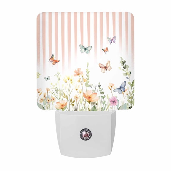 Watercolor Butterfly Plug-in LED Night Lights Floral Leaves Pink Strips Auto Dusk-to-Dawn Sensor for Bedroom, Bathroom, Kitchen, Nursery, Hallway, Stairs, Wall Home Decor