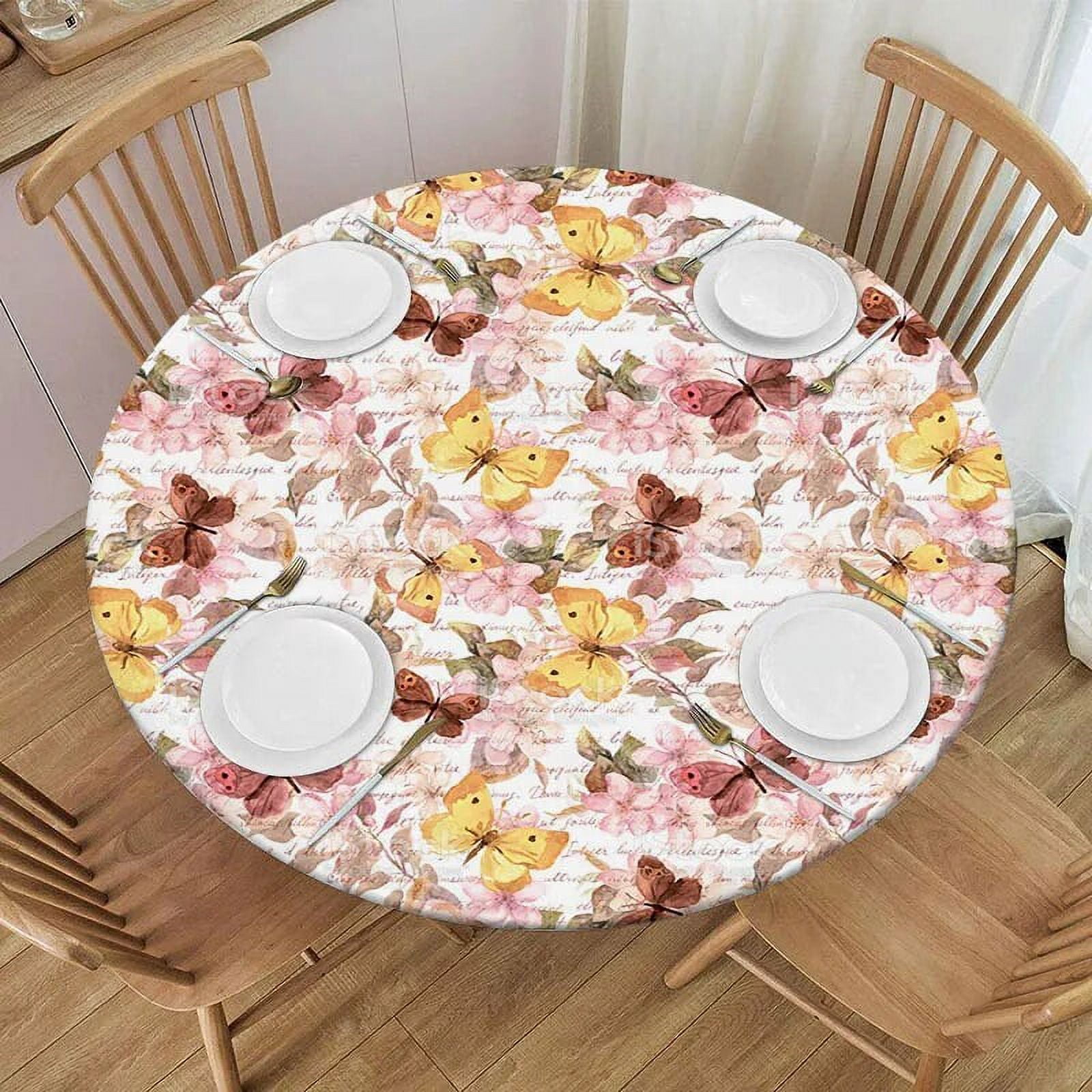 Watercolor Butterfly Round Tablecloth Waterproof Elastic Edged Colorful