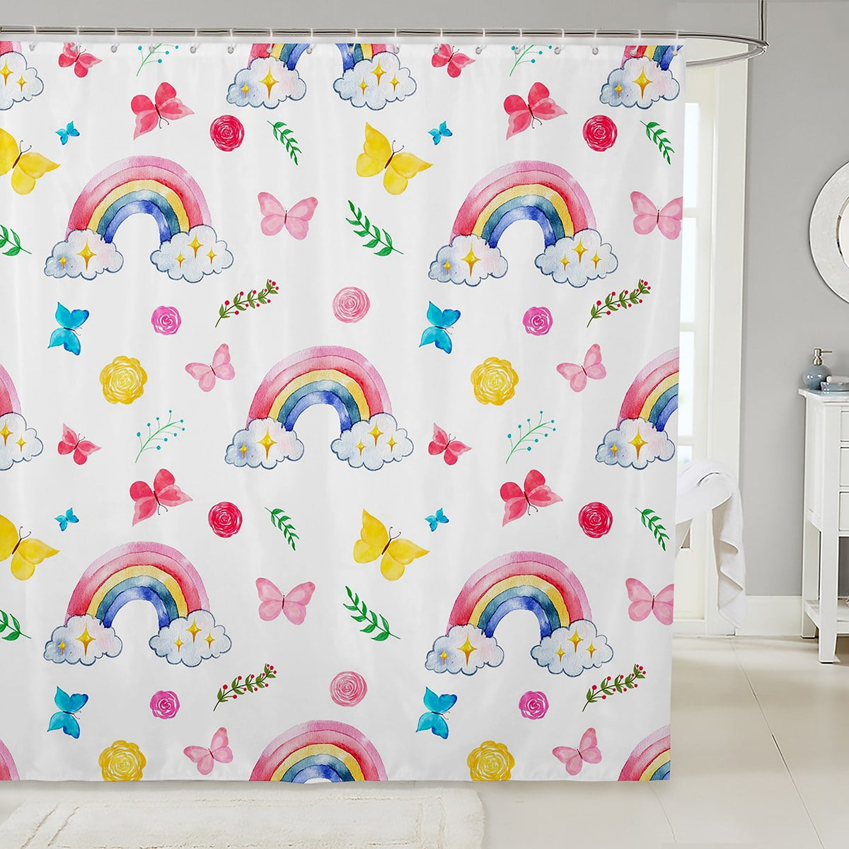 Watercolor Butterfly Shower Curtain for Girls Rainbow Bathroom Curtain