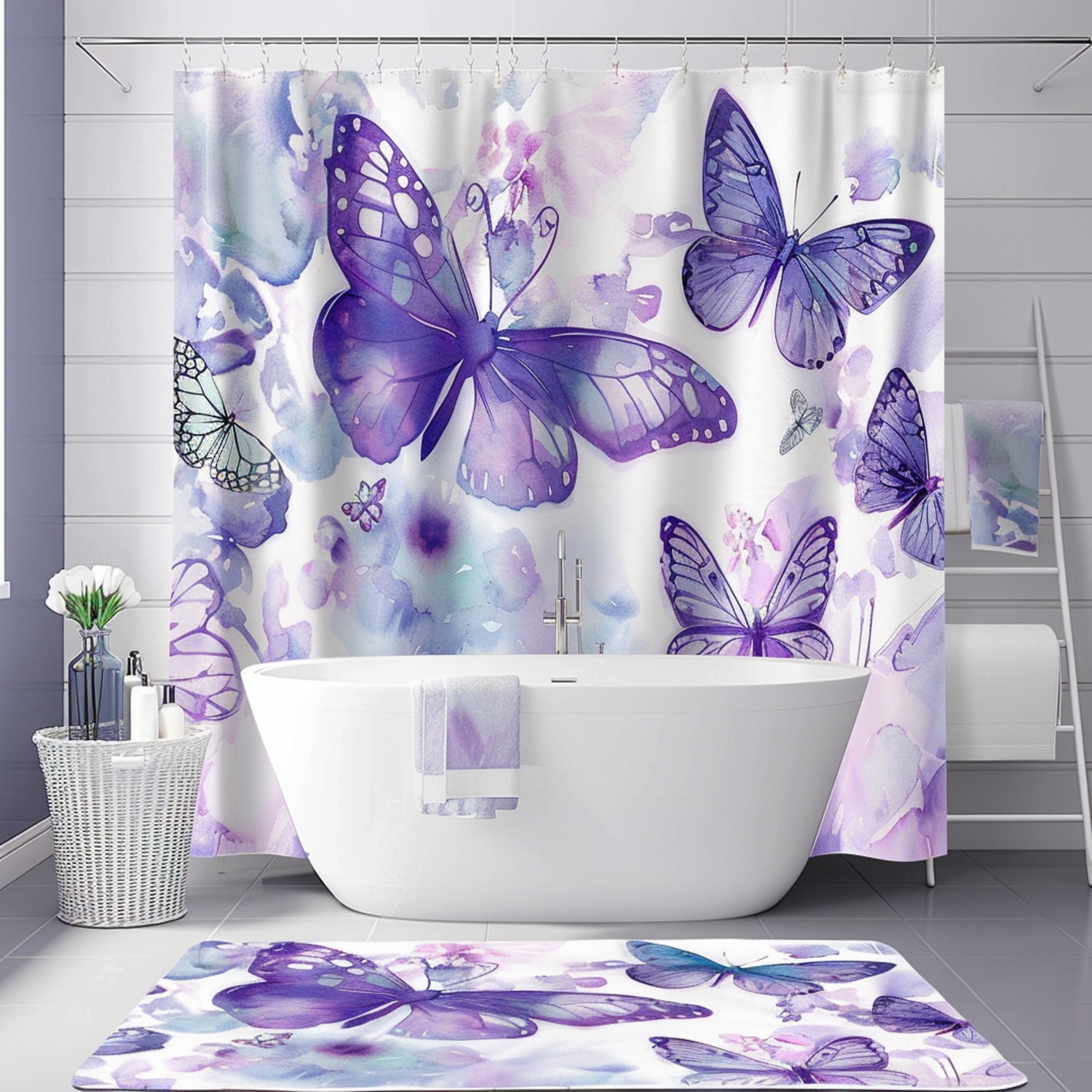 Watercolor Butterfly Shower Curtain Modern Bathroom Decor with Purple