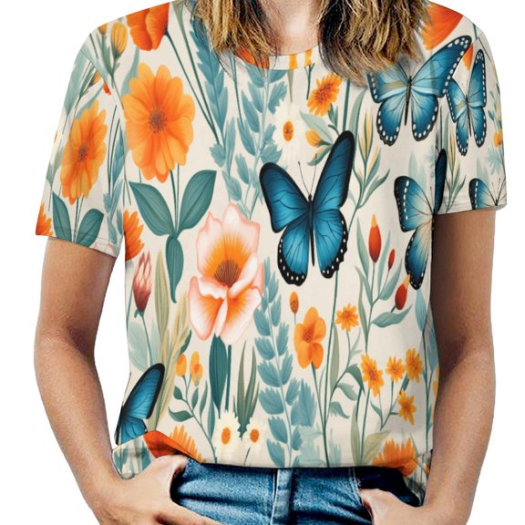 Watercolor Butterfly T Shirts Basic T-Shirt Short Sleeve Ladies Tee Shirt Summer Graphic Clothing