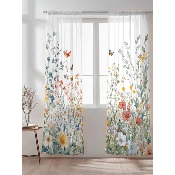 Watercolor Butterfly Wildflower Sheer Curtains 2 Panels Set Modernism Colorful Floral Lihgt Filtering Rod Pocket Voile Drape,Semi Sheer Window Curtains for Bedroom Living Room,52"x84"