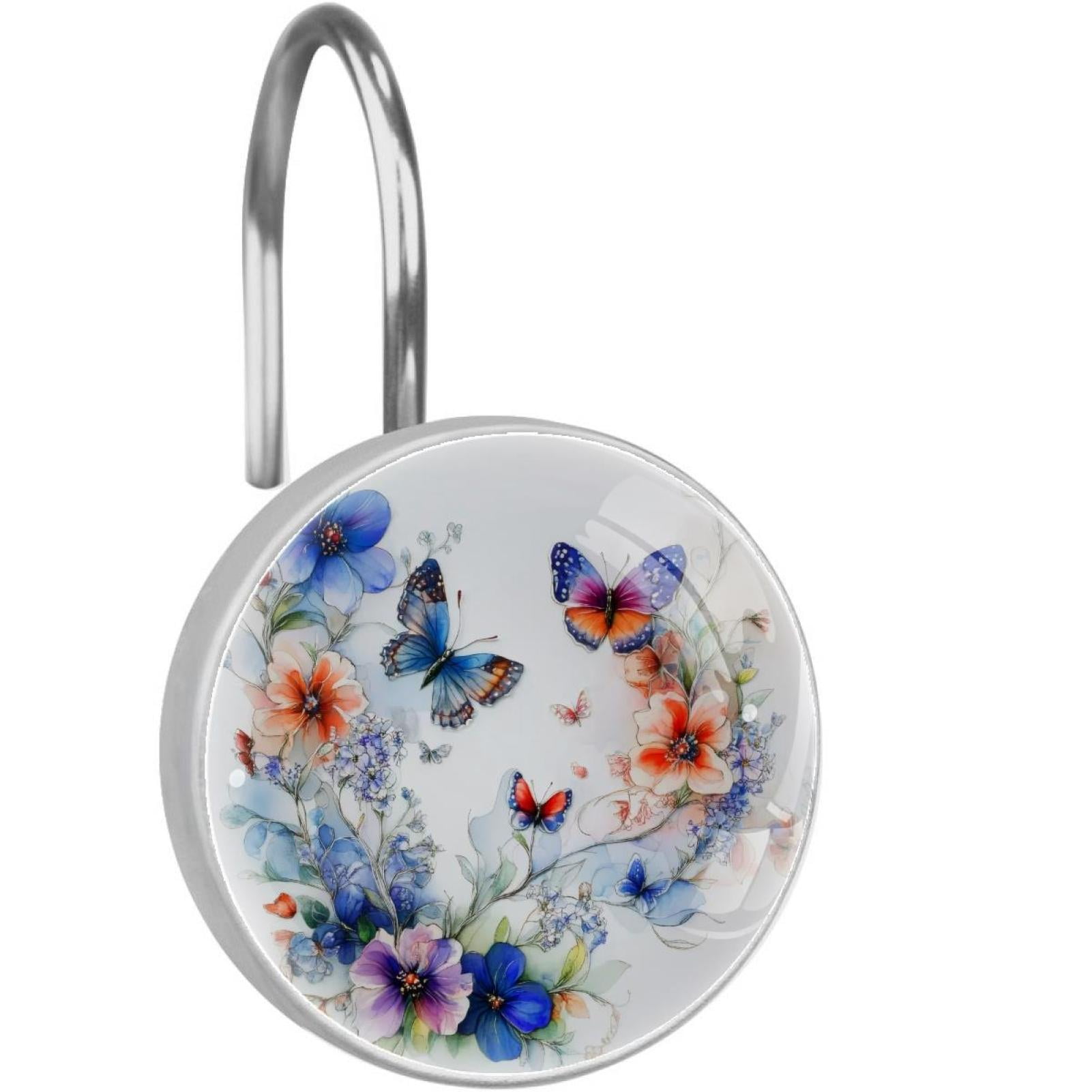 Watercolor Butterfly Wildflowers Shower Curtain Hooks Round Crystal Glass, Set of 12 Shower Curtain Rings - Shower Hooks for Curtain Shower Rings