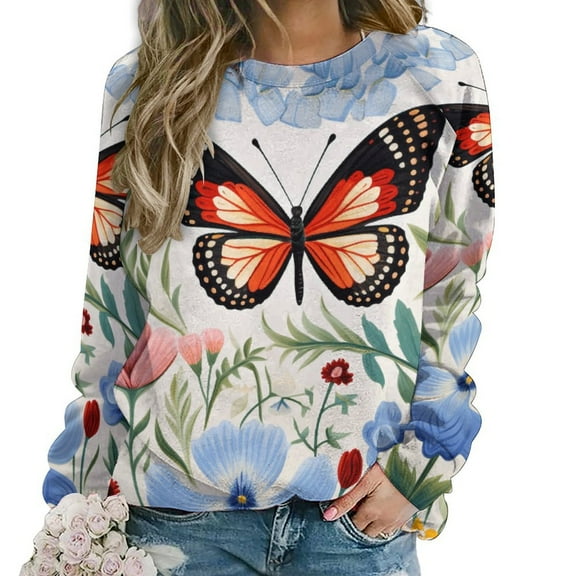 Watercolor Butterfly Women's Floral Printed Sweatshirt Long Sleeve Crewneck Casual Loose Vintage Graphic Pullover Tops