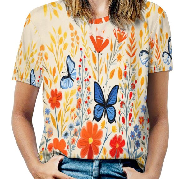 Watercolor Butterfly Women's Short Sleeve T-Shirt Crew Neck Casual Summer Trendy Loose Fit Tops