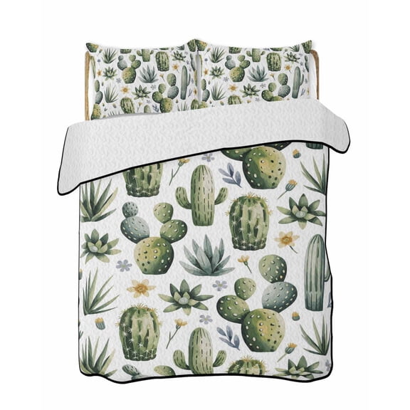 Watercolor Cactus 3 Pieces Quilt Set, 1 Quilt with 2 Shams, Spring Floral Plants Countryside Bedspread Soft Lightweight Bedding Coverlet Comforter Set for All Season 90"x96"