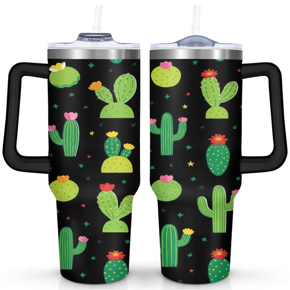 Watercolor Cactus 40oz Travel Mug - BPA-Free Stainless Steel Tumbler with Straw - Temperature Control for Hot Coffee/Iced Drinks - Minimalist Botanical Style