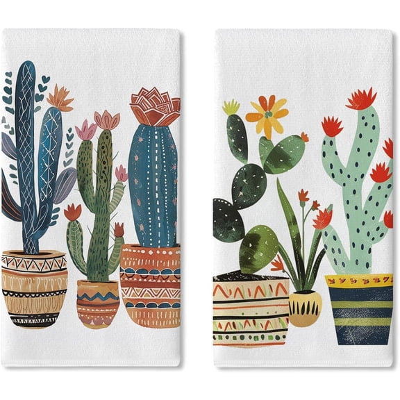 Watercolor Cactus Cacti Kitchen Dish Towels Set of 2, Boho Potted Plant Bonsai Succulent Botanical Drying Hand Towel Cloth, Spring Summer Greenery Bathroom Home Decor Plant Lover Gifts 18''x26''