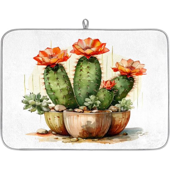 Watercolor Cactus Dish Drying Mat for Kitchen Counter Reversible Super Absorbent Fiber Dish Drying Pad with Non-Slip Backing for Countertop Tea Coffee Bar Accessories 16 x 18 Inch