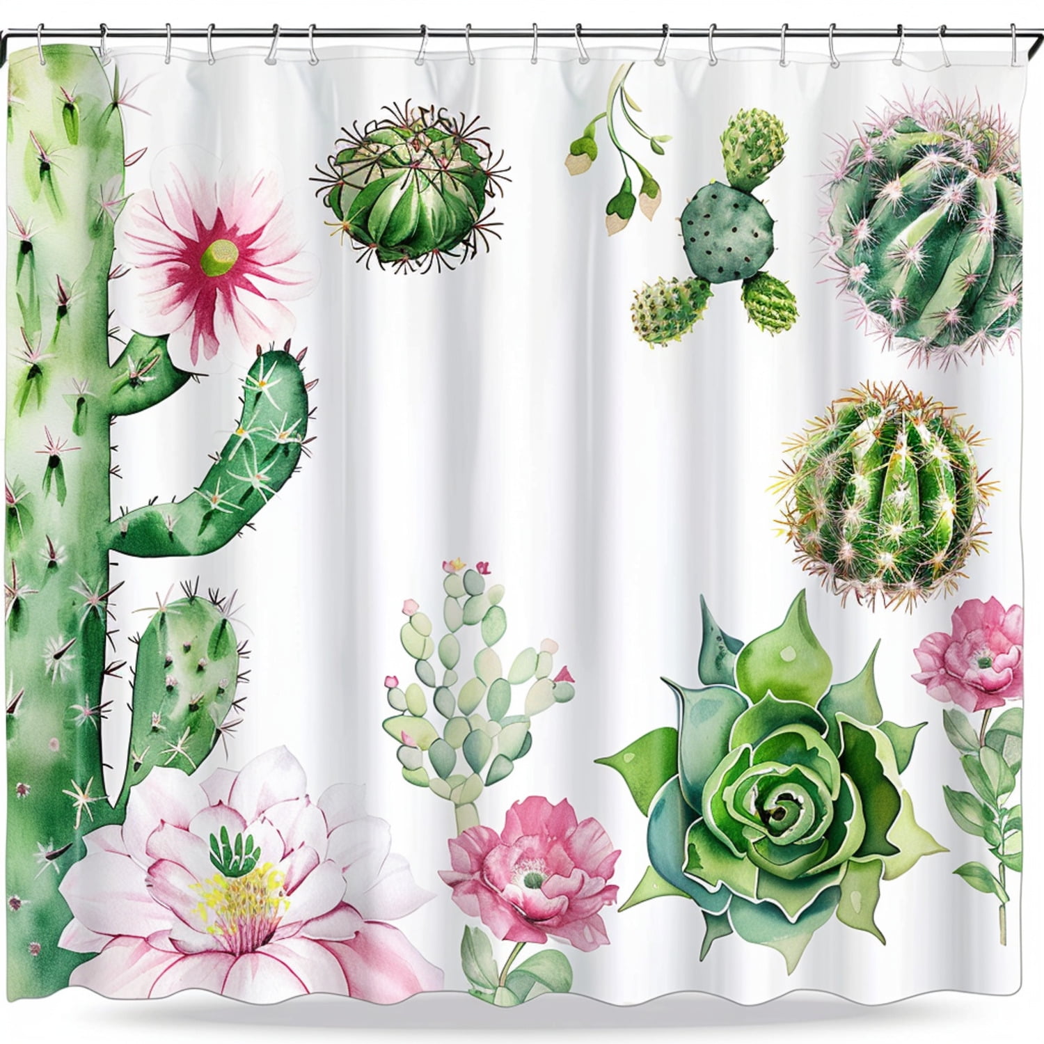 Watercolor Cactus and Flower Circular Shower Curtain with Moonflowers ...