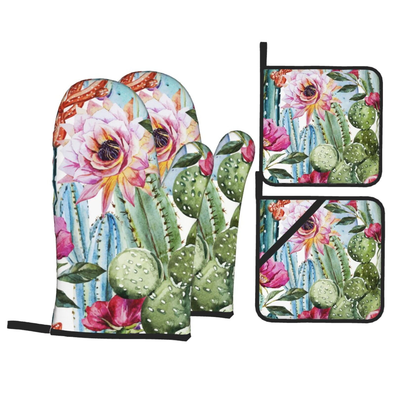 Watercolor Cactus Flower Floral 4Pcs Oven Mitts and Pot Holders Sets Oven Kitchen Gloves Hot Pads for Cooking BBQ Baking Grilling