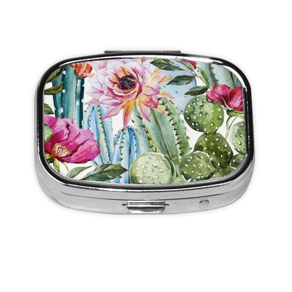 Watercolor Cactus Flower Floral Square Pill Box 2 Compartment Pill Case Medicine Organizer Decorative Gift for Purse Pocket