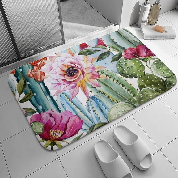 Watercolor Cactus Flowers Pattern Bath Mats Non-Slip Absorbent Microfiber Soft Plush Doormat Decor Bathroom Rugs for Kitchen Bedroom Floor Mat 16 x 24 In