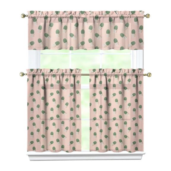 Watercolor Cactus Kitchen Curtains Set - Minimalist Botanical Tier Curtains with Valance (Farmhouse Rod Pocket Design)