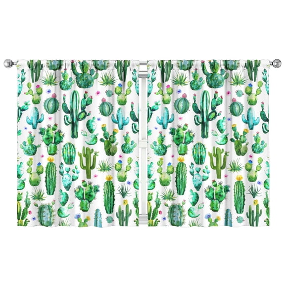 Watercolor Cactus Kitchen Curtains Set of 2 - 42x54 Inch Tier Panels, Retro Succulent Print, Farmhouse Minimalist Window Treatment