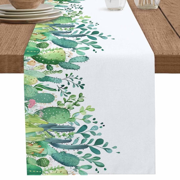 Watercolor Cactus Leaves on White Table Runner-36 Inch Long Summer Flower Table Runners Linen Burlap Tablerunner for Kitchen Dining Room Holiday Party