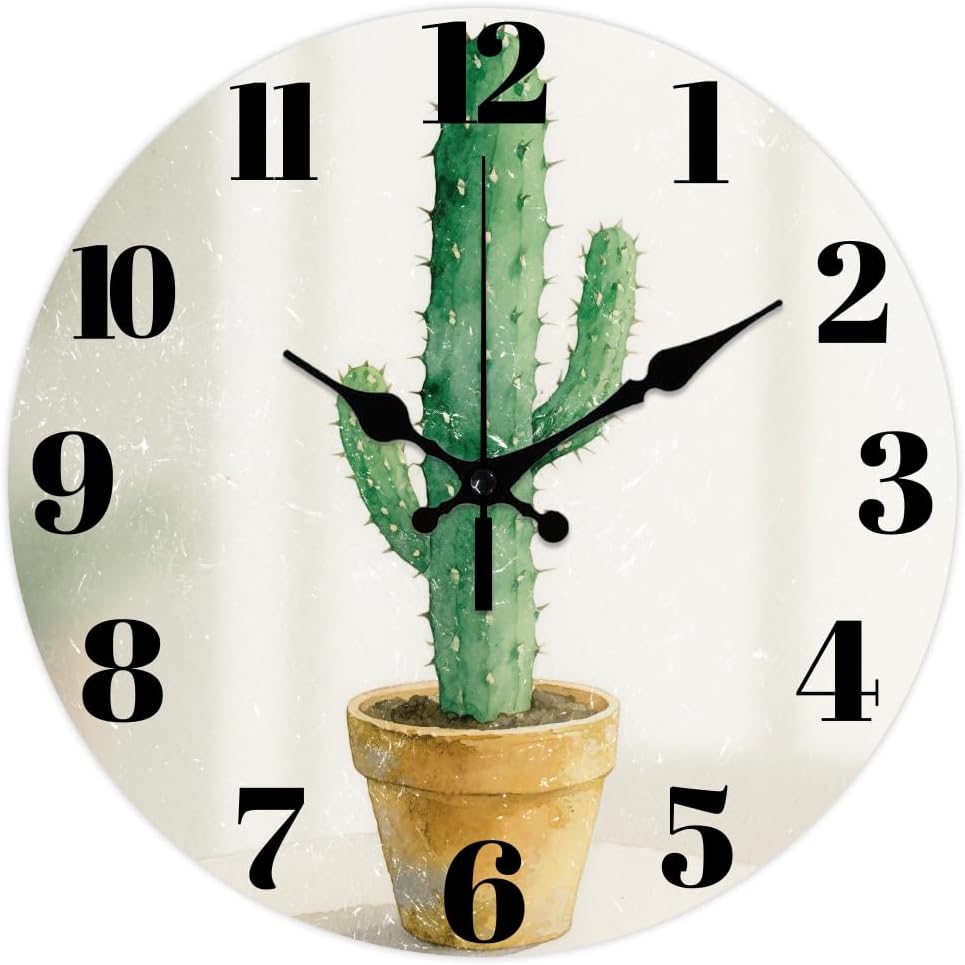 Watercolor Cactus Style Pattern Wall Clock 12 Inch Non-Ticking Clocks ...