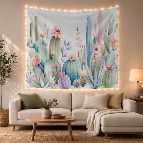 Watercolor Cactus and Succulent Arrangement Against White Background Whimsical Illustration for Plant Lovers Botanical Wall Art Housewarming Gift Tapestry Wall Hanging for Bedroom and Living Room