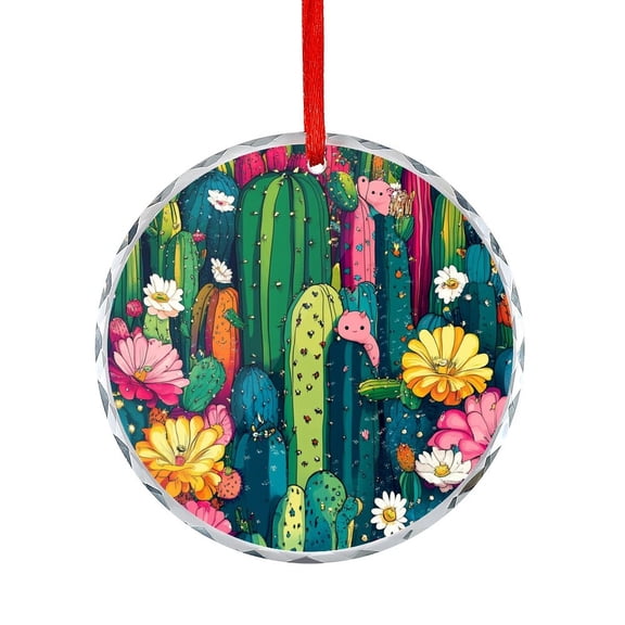 Watercolor Cactus Summer Glass Christmas Ornament Green Cactus Succulent Plants Decorative Glass Round Ornaments Hanging Craft Collectibles for Xmas Trees Home Party Gifts