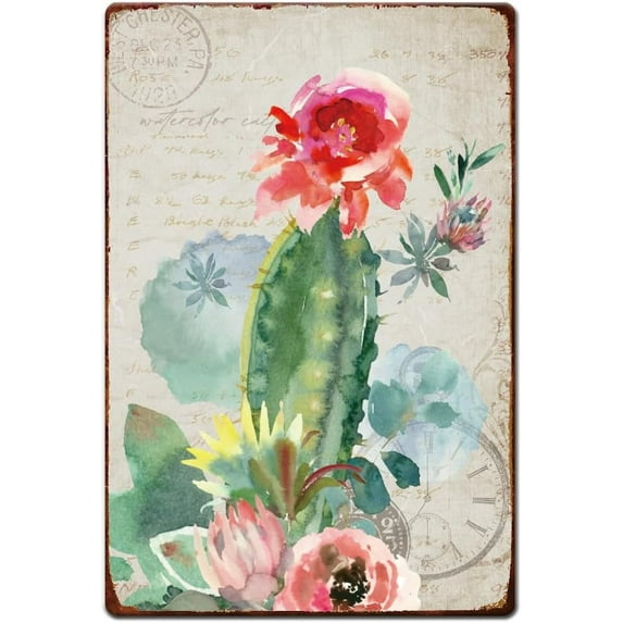 Watercolor Cactus Tin Sign Green Plant Metal Tin Signs Botanical Theme Metal Plaque Iron Wall Art Poster Man Cave for Garden Bedroom Living Room Wall Decoration