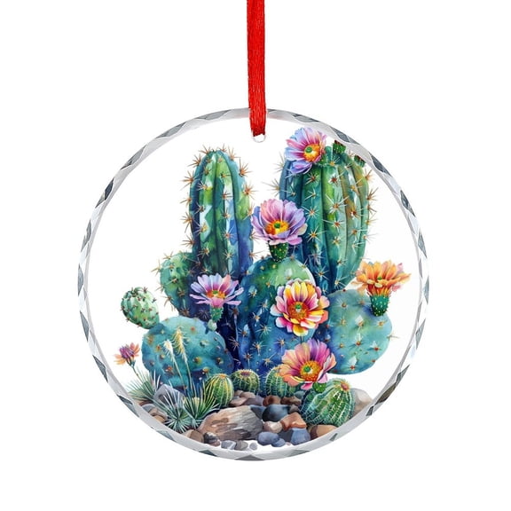 Watercolor Cactus with Flowers Xmas Ornament Holiday Home Decor Watercolor Green Cactus Plants Christmas Ornaments Crystal Hanging