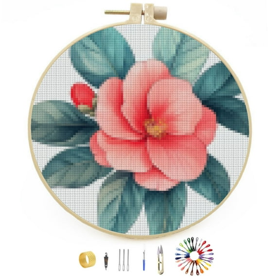 Watercolor Camellia Flowers Easy Stamped Cross Stitch Kits for Beginners with Hoop Simple Patterns 11CT Counted Embroidery Needlepoint Crafts Arts for DIY Enthusiasts and Home Decor 30x30cm(3)