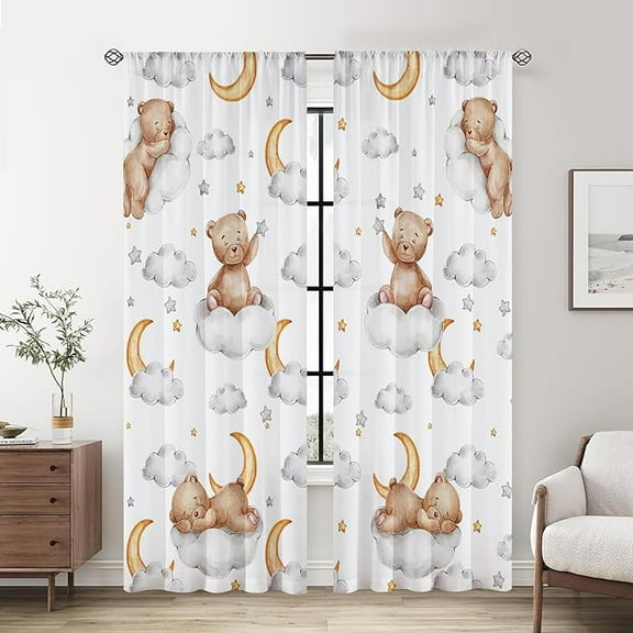 Watercolor Cartoon Bear Window Curtains Moon Cloud And Stars For Baby Room Bedroom Nursery Home Decorations With Rod Pocket Polyester Fabric Machine Washable 42"W x 84"L (Pack of 2)