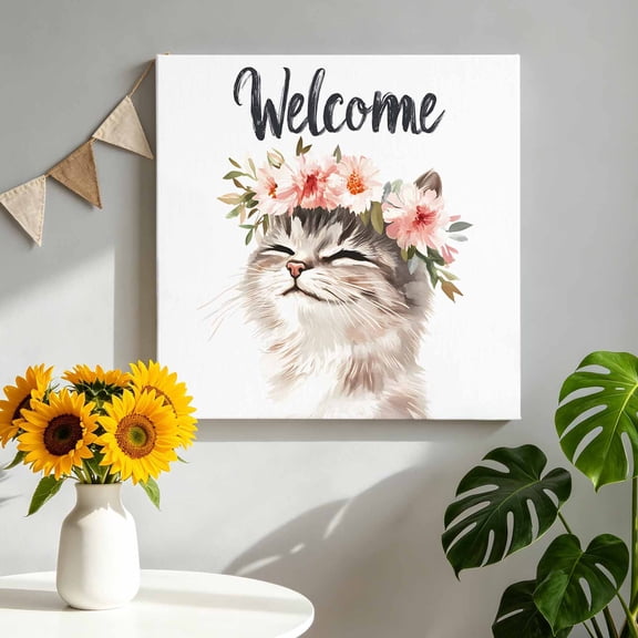 Watercolor Cat Canvas Wall Art, Garland Pictures Wall Decor Wooden Framed Artwork Art Prints for Living Room Hallway Bedroom Office 8"x8"