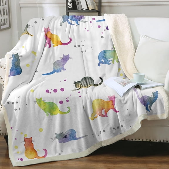 Watercolor Cat Fleece Throw Blanket for Girls Kids Soft Cute Pet Pattern Sherpa Blanket for Bed Couch Warm Cat Lover, Baby(30"x40")