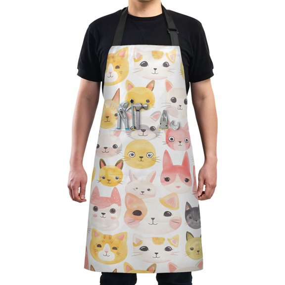 Watercolor Cat Heads Kitchen Apron with 2 Pockets Adjustable waterproof Cooking Aprons for Women Men Chef