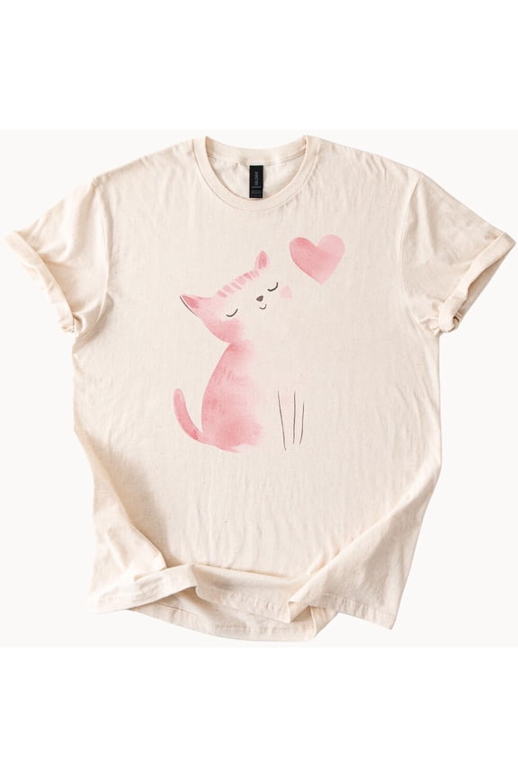 Watercolor Cat Heart Tshirt Cute Kitten Love Graphic Tee Birthday Gifts; For Men & Women