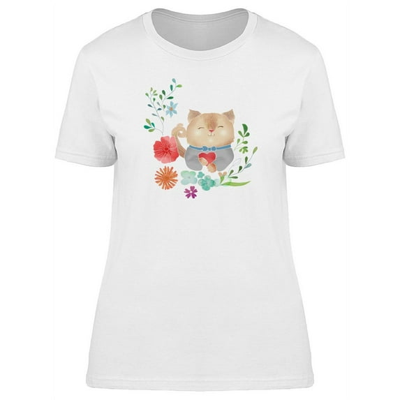Watercolor Cat Holding Heart T-Shirt Women -Image by Shutterstock, Female Large