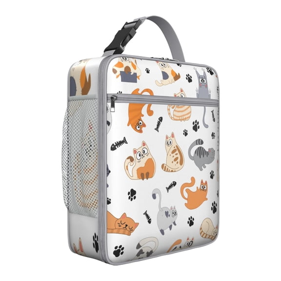 Watercolor Cat Lunch Tote, Cute Cartoon Cat and Floral Design, Hand-Drawn Artistic Print, Insulated Cooler Bag for Cat Lovers, School, Office, Travel