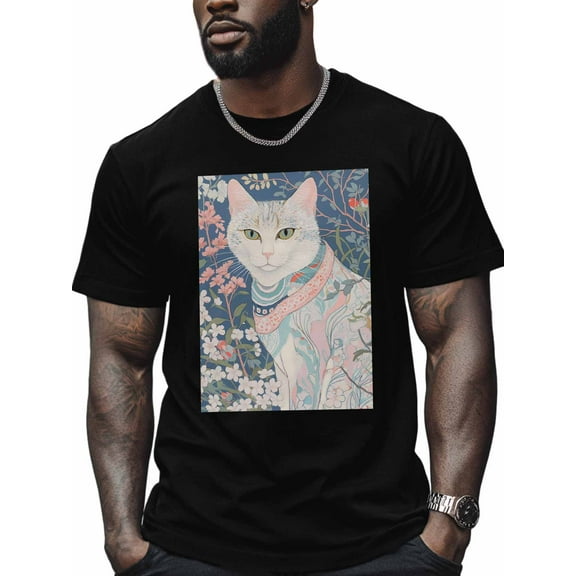 Watercolor Cat Men's T Shirts Animal T-Shirt for Men Crew Neck Tees Cotton Tops, Black, M
