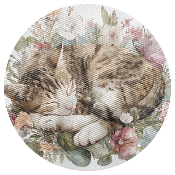 Watercolor Cat Sleeping Flowers PVC Round Grid Placemat Table Mat 1 Pc 15.4" x 15.4"